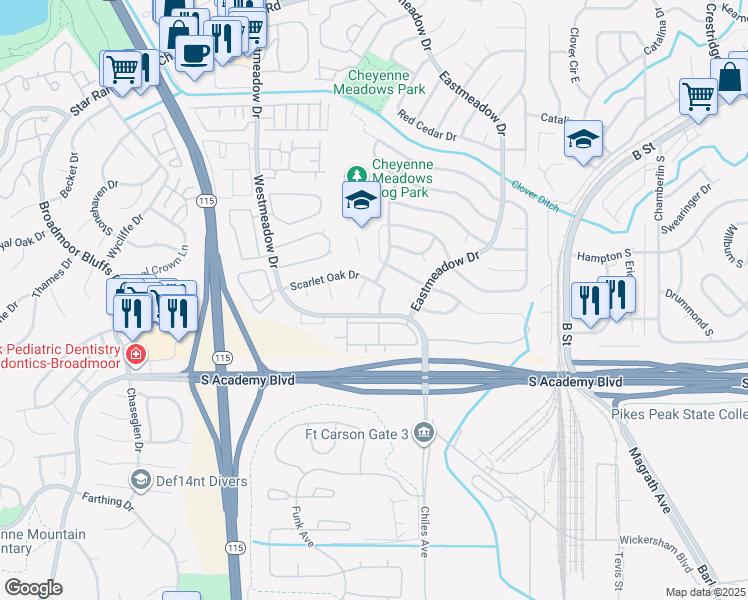 map of restaurants, bars, coffee shops, grocery stores, and more near 1107 Scarlet Oak Drive in Colorado Springs