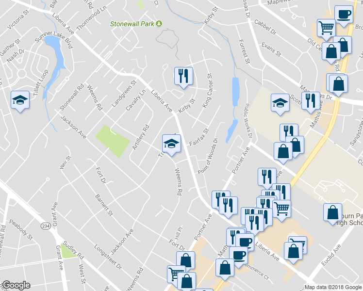 map of restaurants, bars, coffee shops, grocery stores, and more near 8644 Liberia Avenue in Manassas