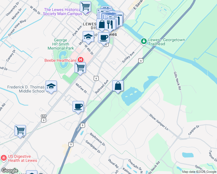 map of restaurants, bars, coffee shops, grocery stores, and more near 213 Monroe Avenue in Lewes