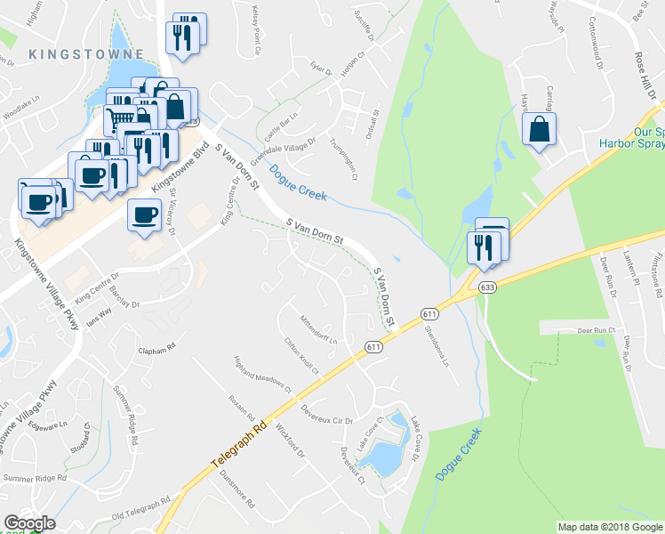 map of restaurants, bars, coffee shops, grocery stores, and more near 5221 Leeward Lane in Alexandria