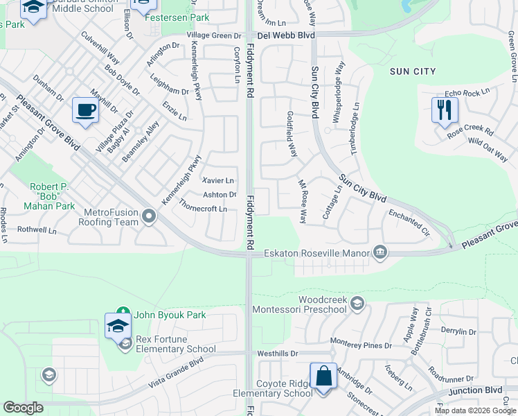 map of restaurants, bars, coffee shops, grocery stores, and more near 6725 Fiddyment Road in Roseville