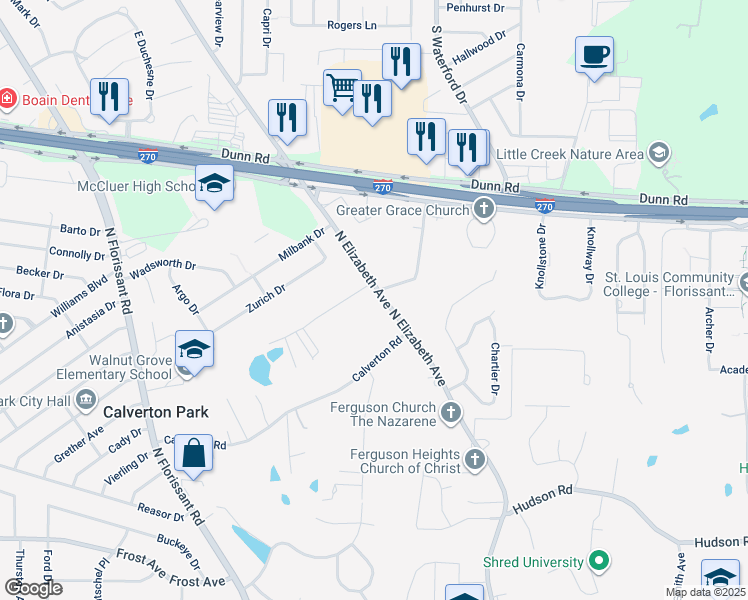 map of restaurants, bars, coffee shops, grocery stores, and more near 1441 North Elizabeth Avenue in St. Louis