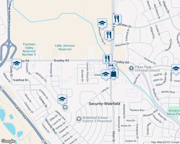 map of restaurants, bars, coffee shops, grocery stores, and more near 4430 Lincoln Plaza Drive in Colorado Springs