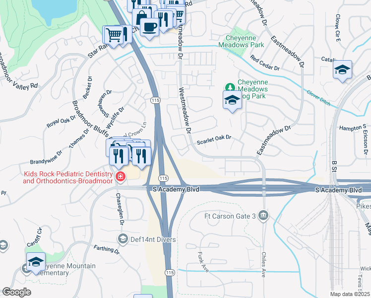 map of restaurants, bars, coffee shops, grocery stores, and more near 4360 Prestige Point in Colorado Springs