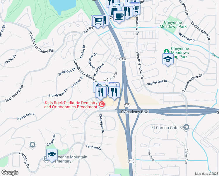 map of restaurants, bars, coffee shops, grocery stores, and more near 950 Royal Crown Lane in Colorado Springs