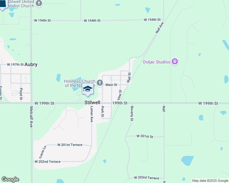map of restaurants, bars, coffee shops, grocery stores, and more near 215 Main Street in Stilwell