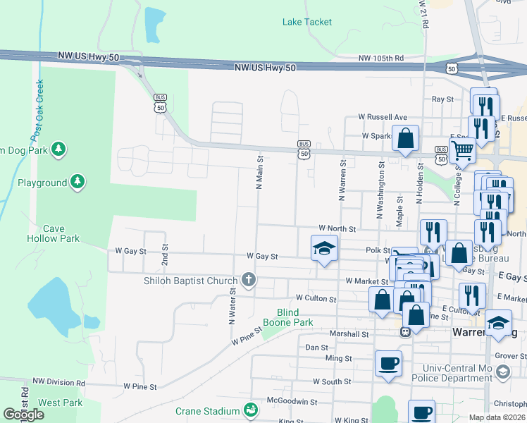map of restaurants, bars, coffee shops, grocery stores, and more near 514 North Main Street in Warrensburg