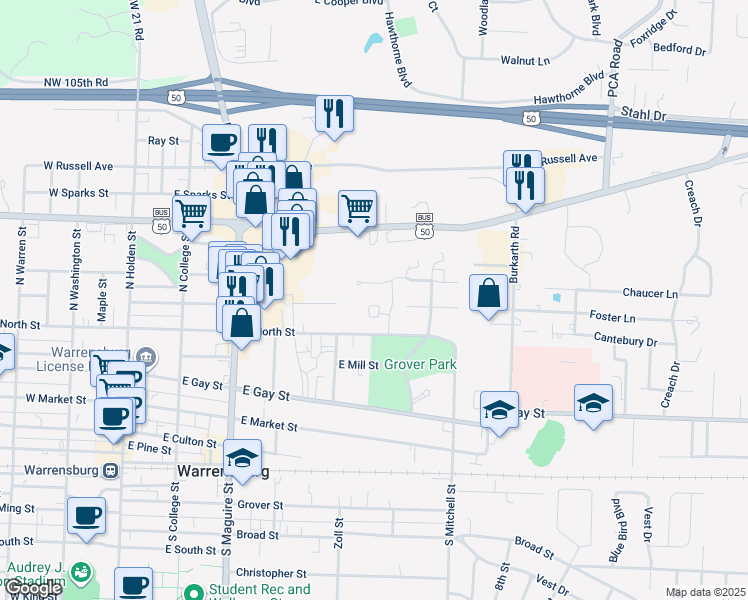 map of restaurants, bars, coffee shops, grocery stores, and more near 411 East North Street in Warrensburg