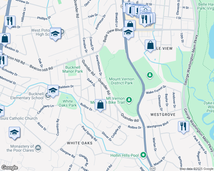 map of restaurants, bars, coffee shops, grocery stores, and more near 6909 Quander Road in Alexandria