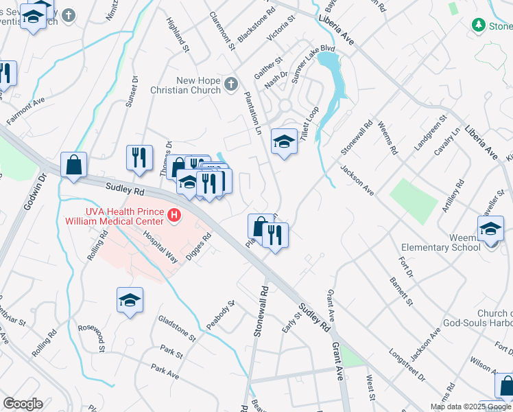 map of restaurants, bars, coffee shops, grocery stores, and more near 8620 Braxted Lane in Manassas