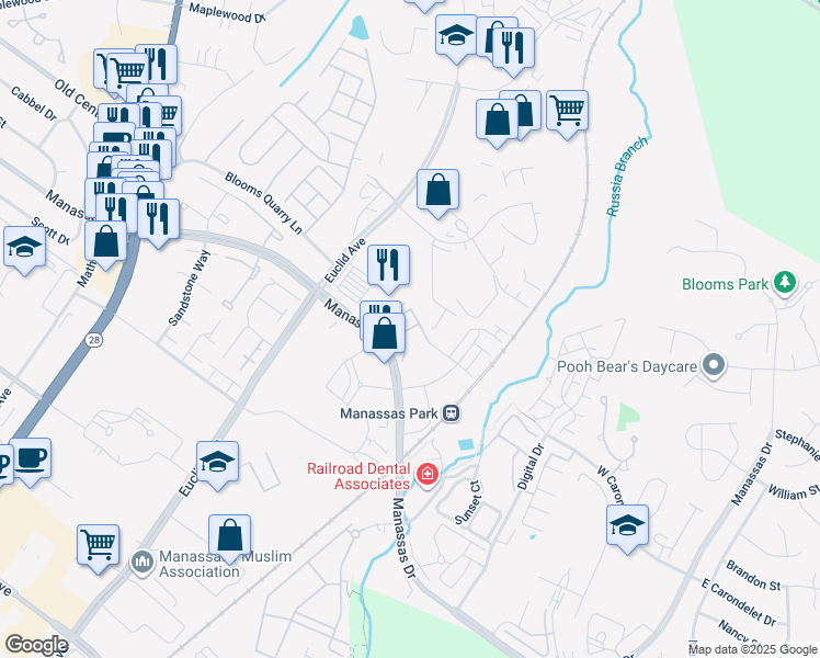 map of restaurants, bars, coffee shops, grocery stores, and more near 1002 Mays Lane in Manassas Park