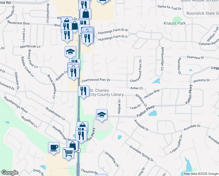 map of restaurants, bars, coffee shops, grocery stores, and more near 2707 Red Cedar Parc Drive South in Dardenne Prairie