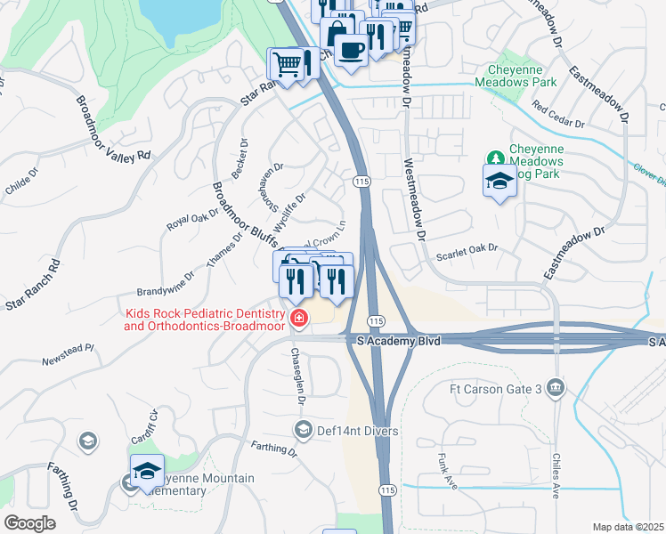 map of restaurants, bars, coffee shops, grocery stores, and more near 605 Cougar Bluff Point in Colorado Springs