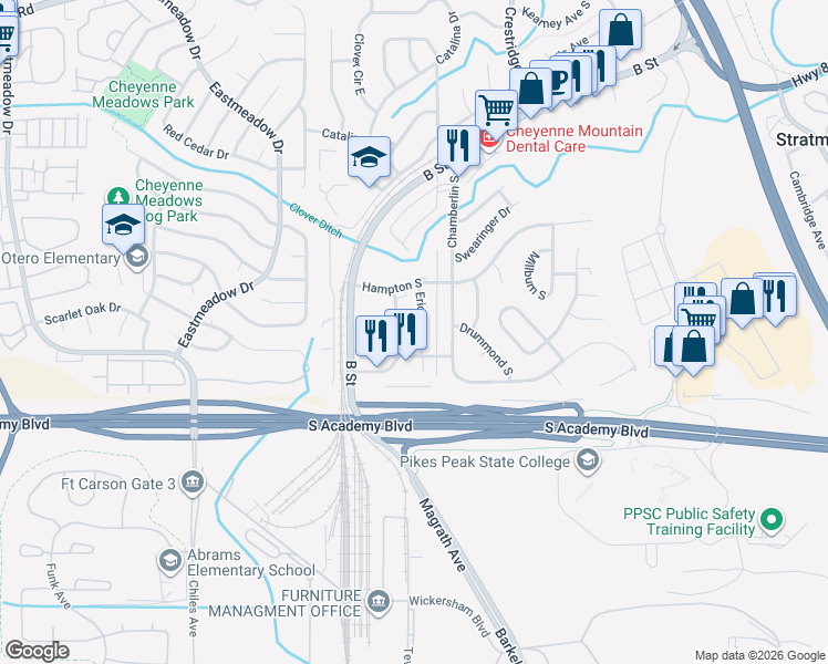 map of restaurants, bars, coffee shops, grocery stores, and more near 4323 Ericson Drive in Colorado Springs