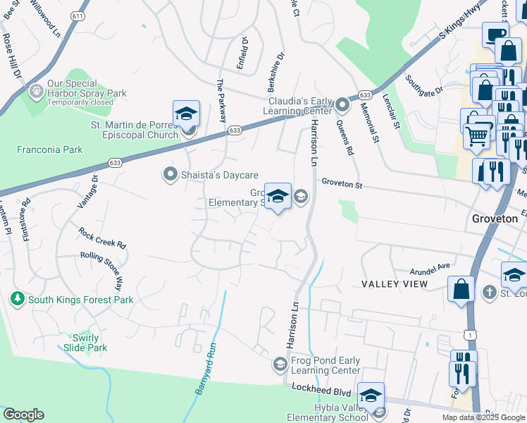 map of restaurants, bars, coffee shops, grocery stores, and more near 6813 Lamp Post Lane in Alexandria