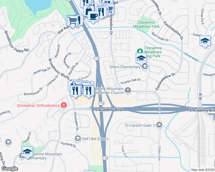 map of restaurants, bars, coffee shops, grocery stores, and more near 4345 Prestige Point in Colorado Springs