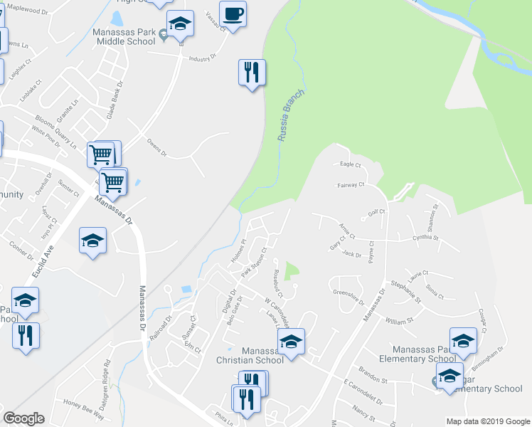 map of restaurants, bars, coffee shops, grocery stores, and more near 9748 Corbett Place in Manassas