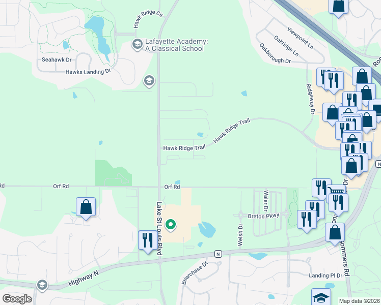 map of restaurants, bars, coffee shops, grocery stores, and more near 2500 Hawk Ridge Trail Court in Lake Saint Louis