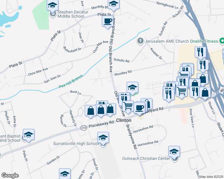 map of restaurants, bars, coffee shops, grocery stores, and more near 8805 Old Branch Avenue in Clinton
