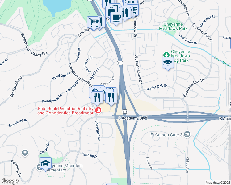 map of restaurants, bars, coffee shops, grocery stores, and more near 4383 Timberview Point in Colorado Springs