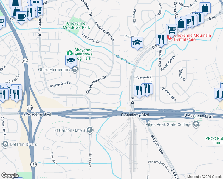 map of restaurants, bars, coffee shops, grocery stores, and more near 1618 South Canoe Creek Drive in Colorado Springs