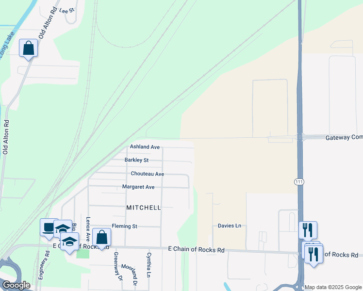 map of restaurants, bars, coffee shops, grocery stores, and more near 725 Ashland Avenue in Granite City