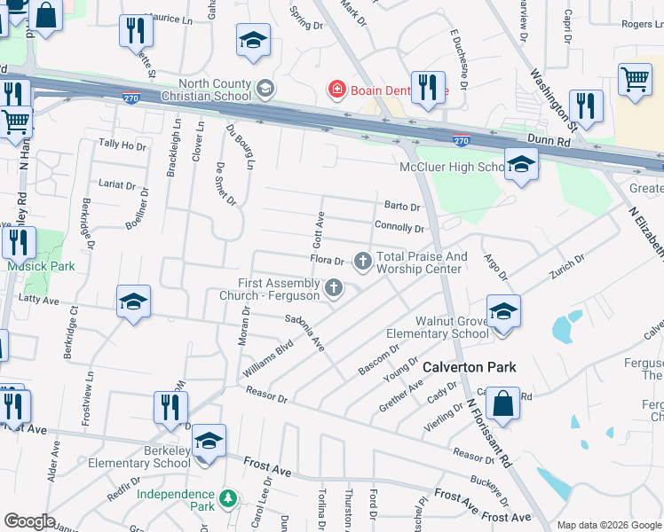 map of restaurants, bars, coffee shops, grocery stores, and more near 165 Flora Drive in St. Louis