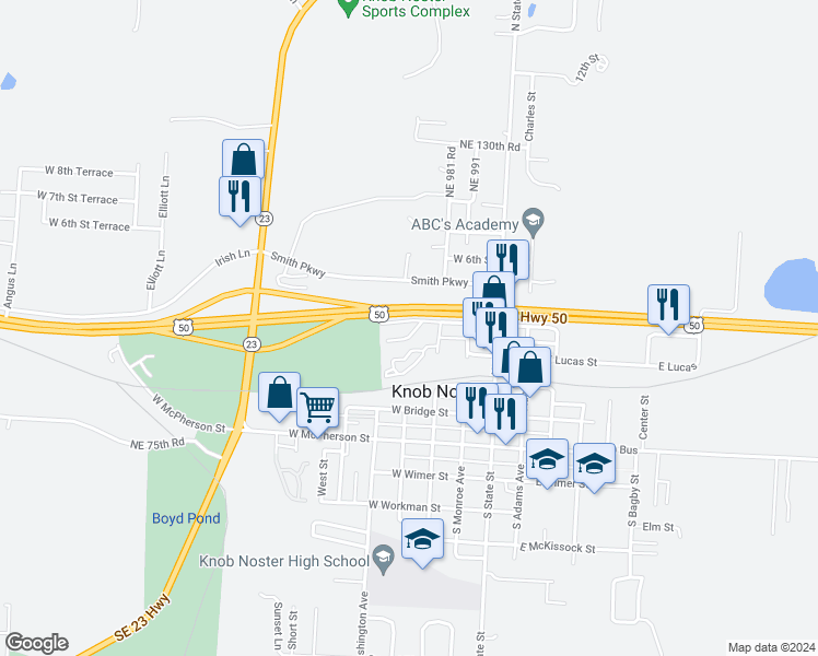 map of restaurants, bars, coffee shops, grocery stores, and more near 398 West Ash Drive in Knob Noster