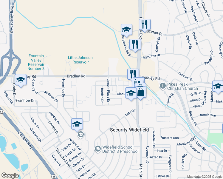 map of restaurants, bars, coffee shops, grocery stores, and more near 4430 Lincoln Plaza Drive in Colorado Springs