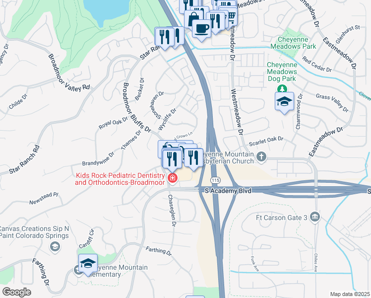 map of restaurants, bars, coffee shops, grocery stores, and more near 950 Royal Crown Lane in Colorado Springs