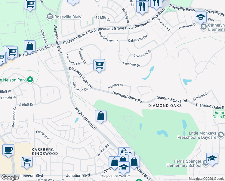 map of restaurants, bars, coffee shops, grocery stores, and more near 222 Jennifer Circle in Roseville