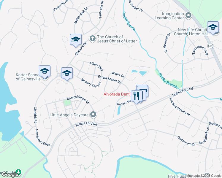 map of restaurants, bars, coffee shops, grocery stores, and more near 14005 Hyde Park Place in Gainesville