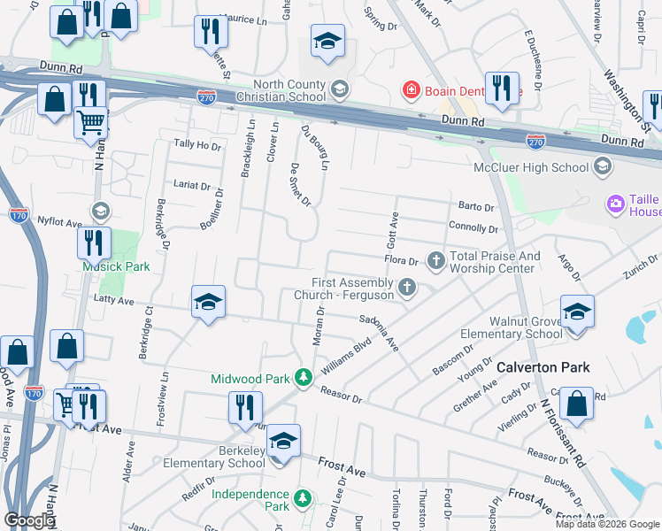 map of restaurants, bars, coffee shops, grocery stores, and more near 260 Flora Drive in St. Louis
