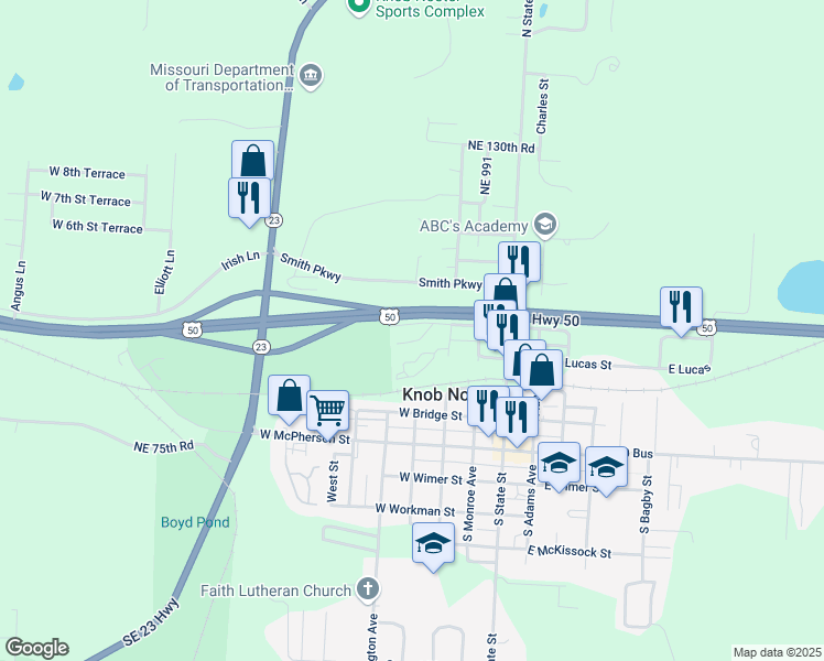 map of restaurants, bars, coffee shops, grocery stores, and more near 398 West Ash Drive in Knob Noster