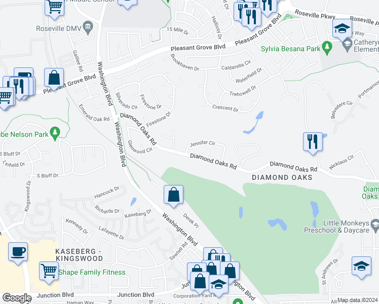 map of restaurants, bars, coffee shops, grocery stores, and more near 213 Diamond Oaks Road in Roseville