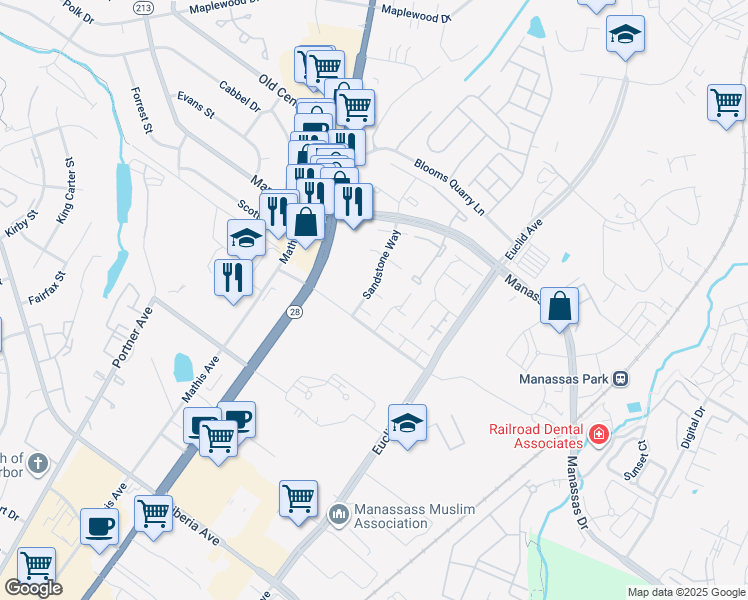 map of restaurants, bars, coffee shops, grocery stores, and more near 8631 Reinecke Court in Manassas Park