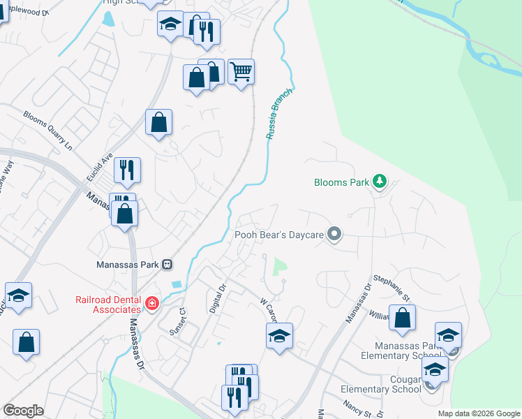 map of restaurants, bars, coffee shops, grocery stores, and more near 9746 Corbett Place in Manassas Park