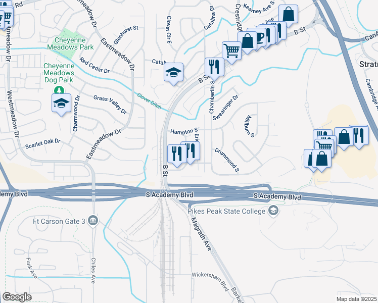 map of restaurants, bars, coffee shops, grocery stores, and more near 4327 Lashelle Avenue in Colorado Springs
