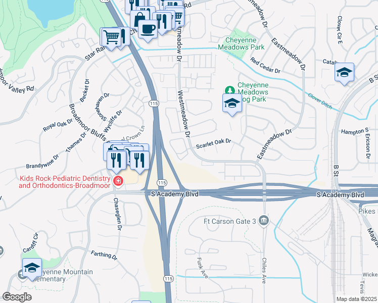 map of restaurants, bars, coffee shops, grocery stores, and more near 1012 Scarlet Oak Drive in Colorado Springs