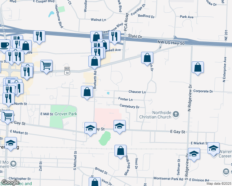 map of restaurants, bars, coffee shops, grocery stores, and more near 613 Chaucer Lane in Warrensburg