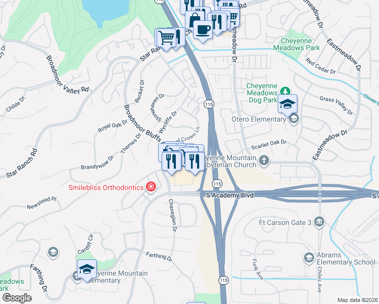 map of restaurants, bars, coffee shops, grocery stores, and more near 605 Cougar Bluff Point in Colorado Springs