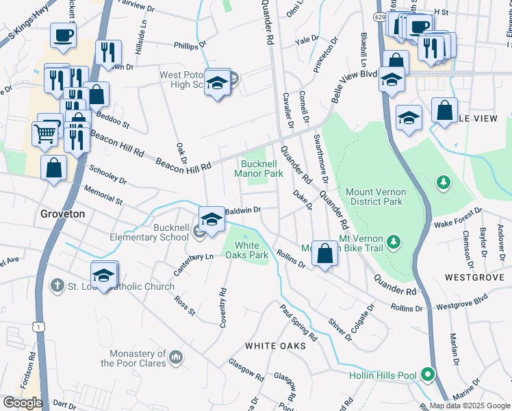 map of restaurants, bars, coffee shops, grocery stores, and more near 2246 Mary Baldwin Drive in Alexandria