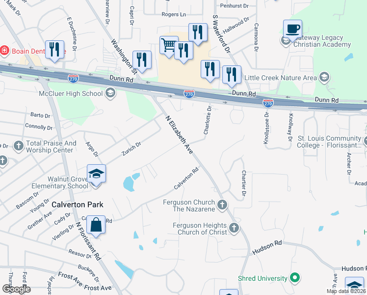 map of restaurants, bars, coffee shops, grocery stores, and more near 1451 North Elizabeth Avenue in St. Louis