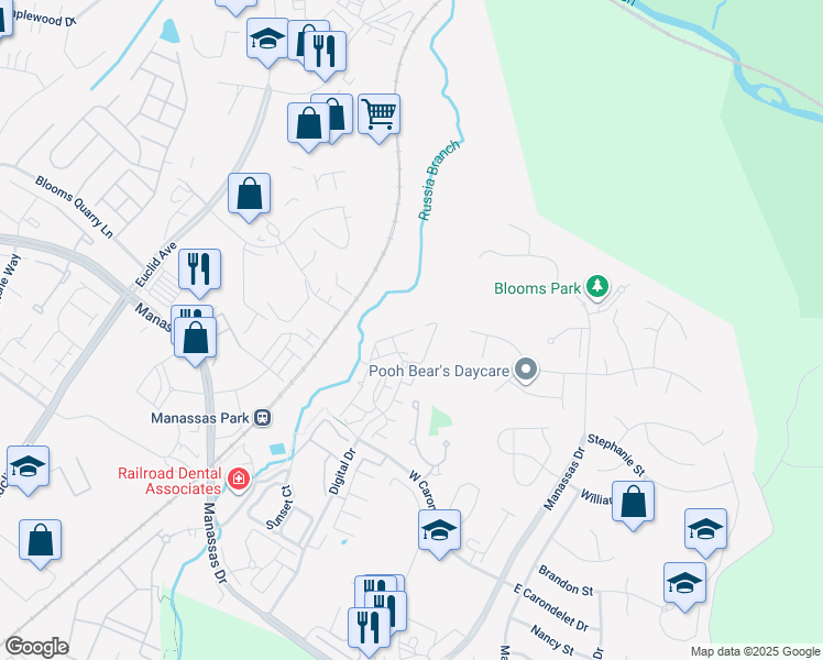 map of restaurants, bars, coffee shops, grocery stores, and more near 9763 Corbett Place in Manassas Park