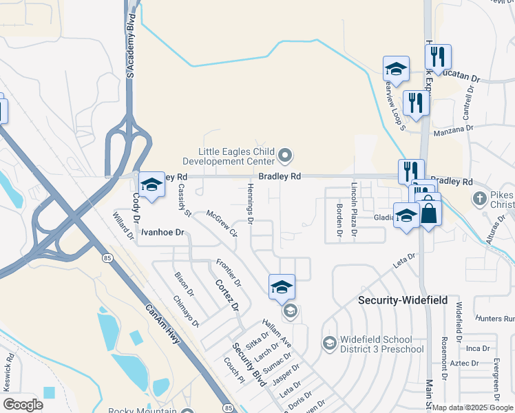 map of restaurants, bars, coffee shops, grocery stores, and more near 4353 Hennings Drive in Colorado Springs