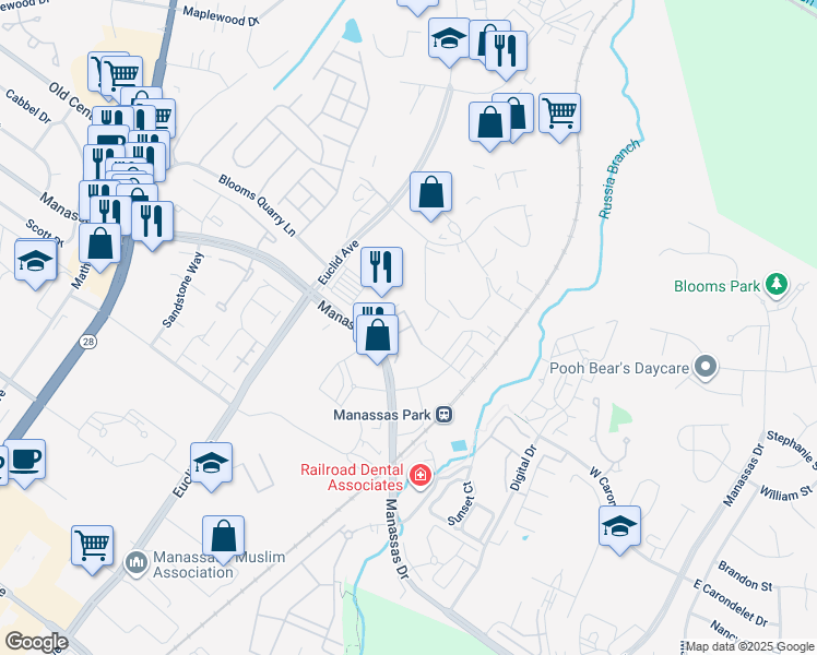 map of restaurants, bars, coffee shops, grocery stores, and more near 1012 Mays Lane in Manassas Park
