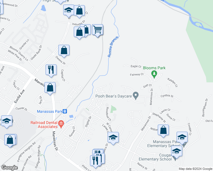 map of restaurants, bars, coffee shops, grocery stores, and more near 9791 Corbett Place in Manassas Park