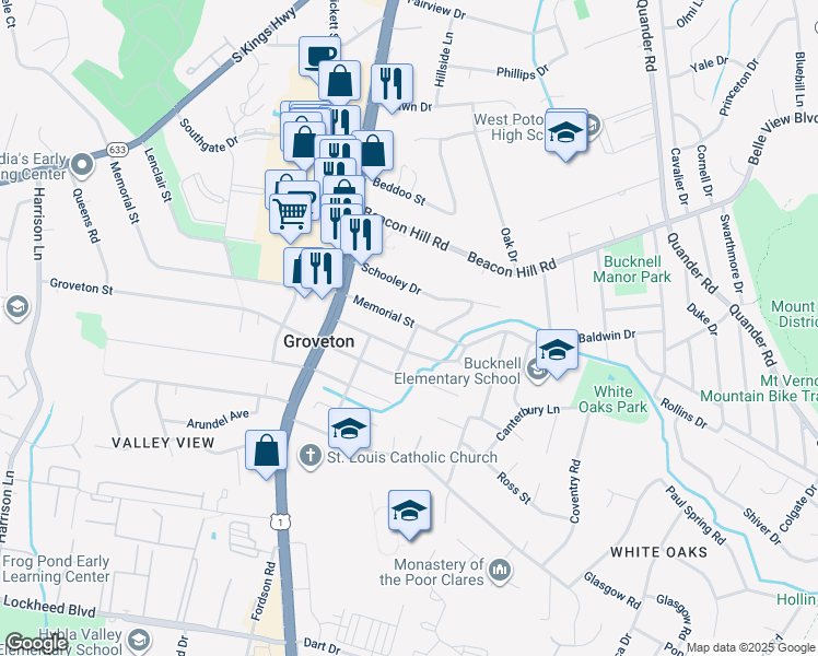map of restaurants, bars, coffee shops, grocery stores, and more near 2721 Memorial Street in Alexandria