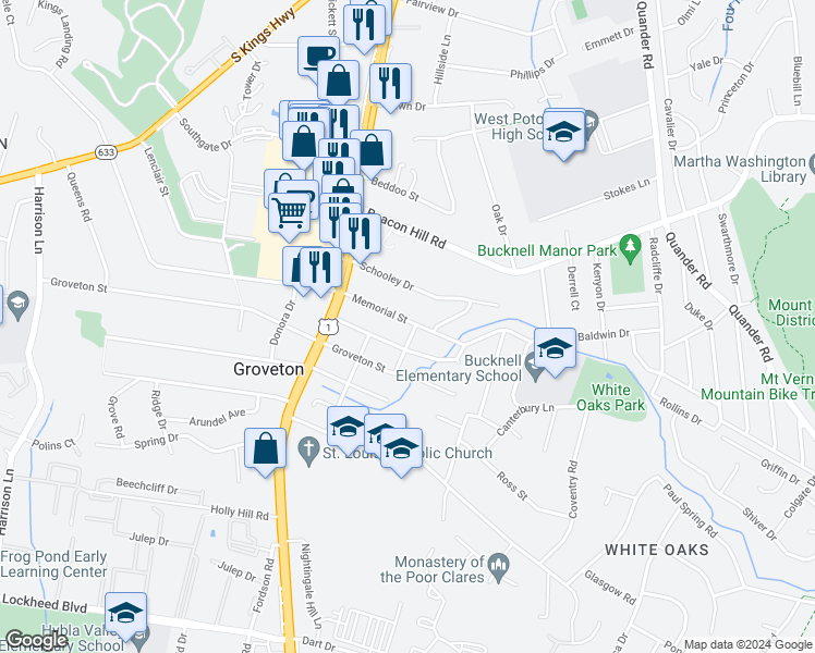 map of restaurants, bars, coffee shops, grocery stores, and more near 2721 Memorial Street in Alexandria