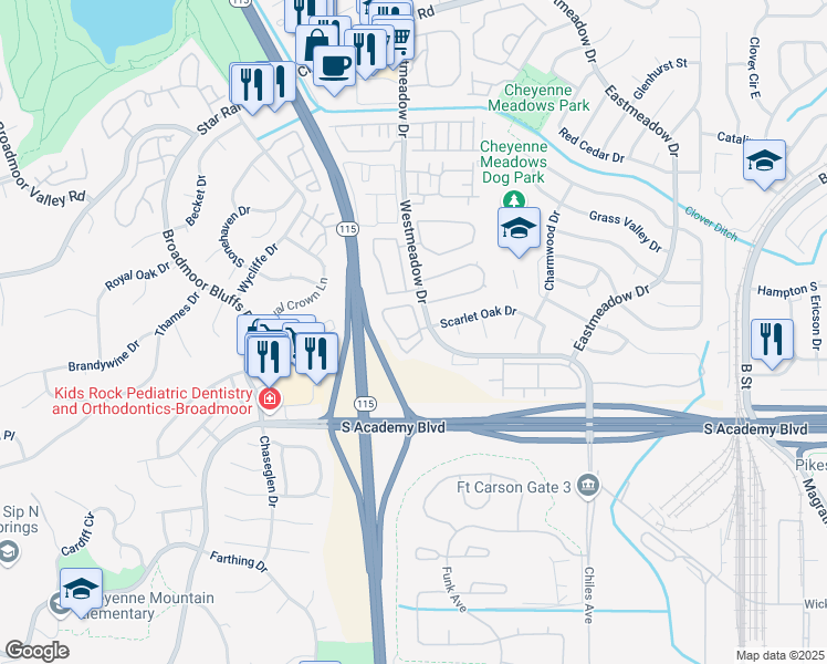 map of restaurants, bars, coffee shops, grocery stores, and more near 986 Mountain Crest View in Colorado Springs